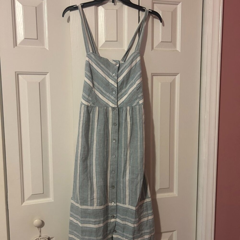blue and white button front sundress
